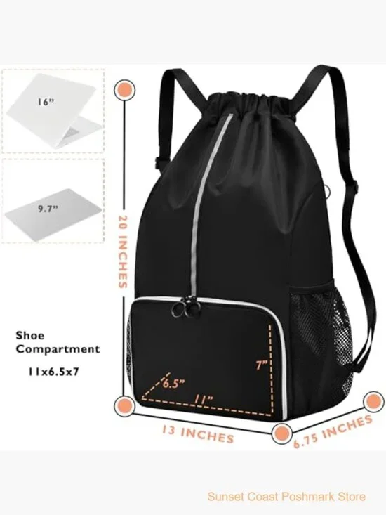 Waterproof Drawstring Backpack with Shoe Compartment Gym Travel Bag - Picture 2 of 7